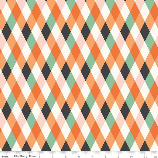 Image of Frank and Friends Diamonds Multi quilting cotton fabric by My Mind's Eye for Riley Blake Designs. Features harlequin on a cream and orange background. Cute Little Fabric Shop.