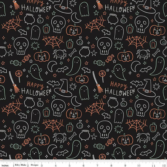 Image of Frank and Friends Halloween Icons Black Glow in the Dark quilting cotton fabric by My Mind's Eye for Riley Blake Designs. Features halloween doodles on a black background. Cute Little Fabric Shop.