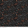 Image of Frank and Friends Halloween Icons Black Glow in the Dark quilting cotton fabric by My Mind's Eye for Riley Blake Designs. Features halloween doodles on a black background. Cute Little Fabric Shop.