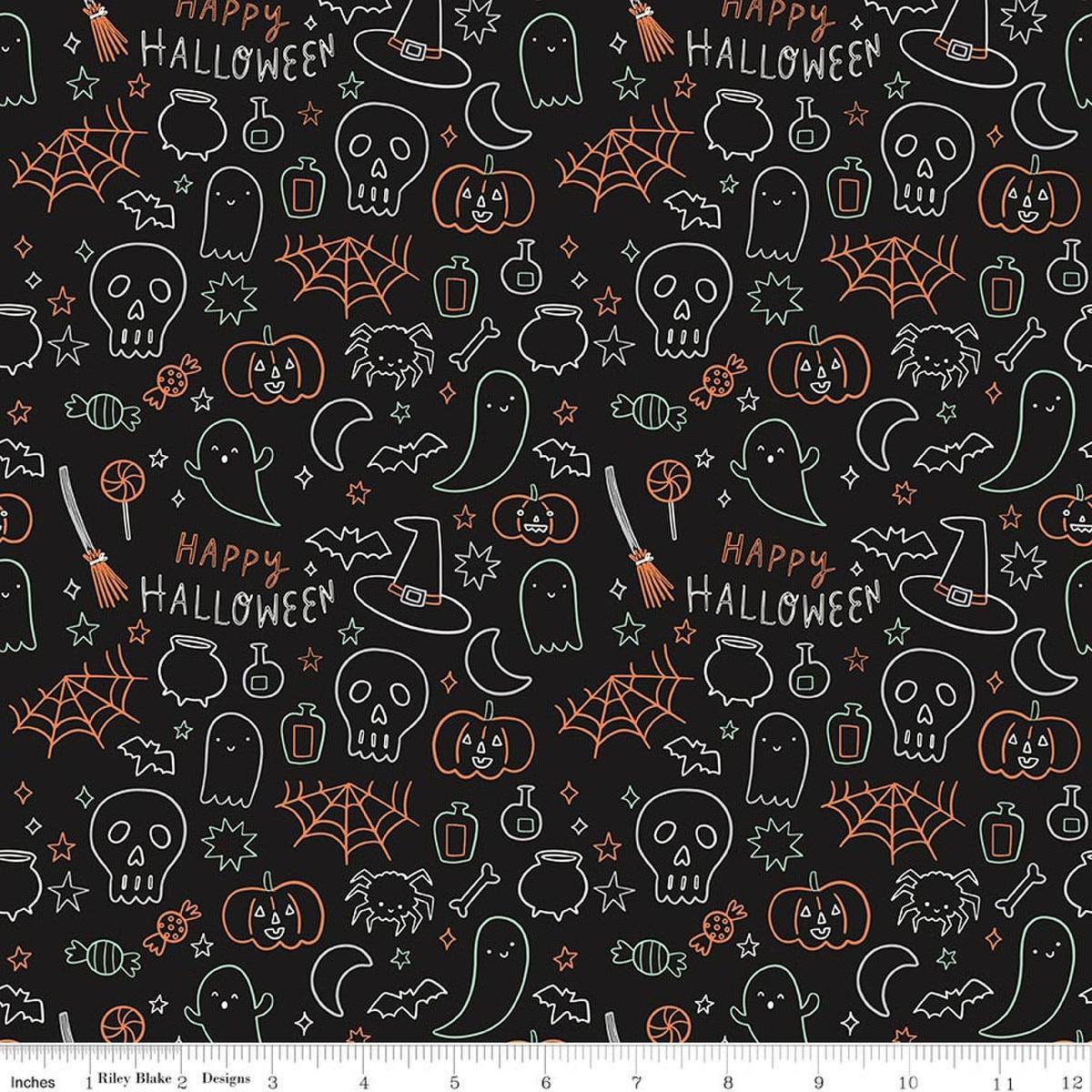 Image of Frank and Friends Halloween Icons Black Glow in the Dark quilting cotton fabric by My Mind's Eye for Riley Blake Designs. Features halloween doodles on a black background. Cute Little Fabric Shop.