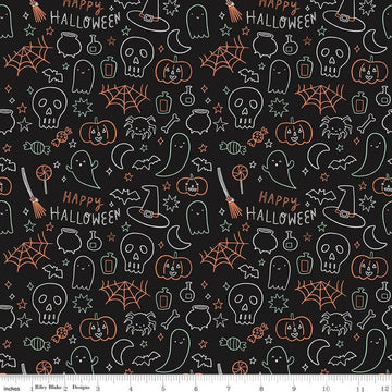 Image of Frank and Friends Halloween Icons Black Glow in the Dark quilting cotton fabric by My Mind's Eye for Riley Blake Designs. Features halloween doodles on a black background. Cute Little Fabric Shop.