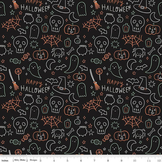 Image of Frank and Friends Halloween Icons Black Glow in the Dark quilting cotton fabric by My Mind's Eye for Riley Blake Designs. Features halloween doodles on a black background. Cute Little Fabric Shop.