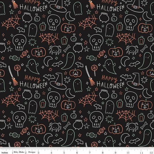 Image of Frank and Friends Halloween Icons Black Glow in the Dark quilting cotton fabric by My Mind's Eye for Riley Blake Designs. Features halloween doodles on a black background. Cute Little Fabric Shop.