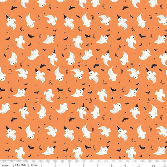 Image of Frank and Friends Ghosts Orange quilting cotton fabric by My Mind's Eye for Riley Blake Designs. Features ghosts on an orange background. Cute Little Fabric Shop.
