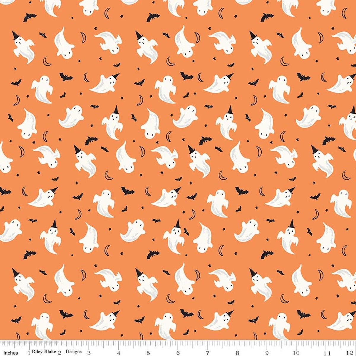 Image of Frank and Friends Ghosts Orange quilting cotton fabric by My Mind's Eye for Riley Blake Designs. Features ghosts on an orange background. Cute Little Fabric Shop.