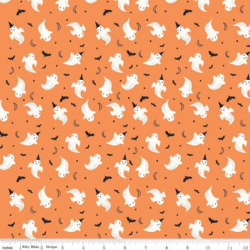 Image of Frank and Friends Ghosts Orange quilting cotton fabric by My Mind's Eye for Riley Blake Designs. Features ghosts on an orange background. Cute Little Fabric Shop.