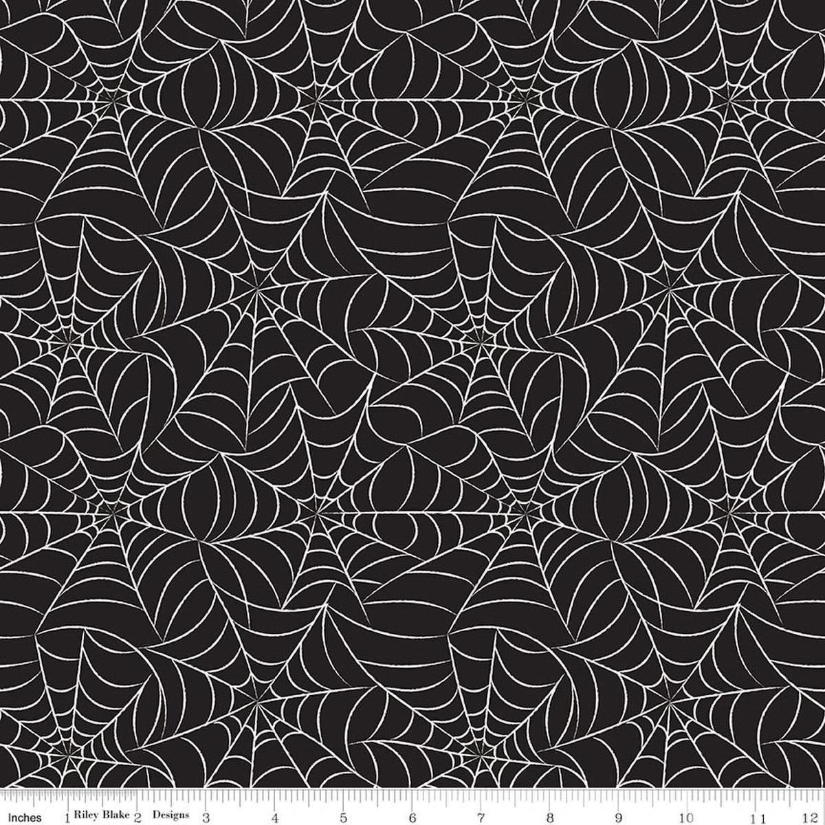 Image of Frank and Friends Webs Black Glow in the Dark quilting cotton fabric by My Mind's Eye for Riley Blake Designs. Features spider webbing on a black background. Cute Little Fabric Shop.