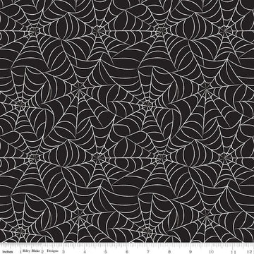 Image of Frank and Friends Webs Black Glow in the Dark quilting cotton fabric by My Mind's Eye for Riley Blake Designs. Features spider webbing on a black background. Cute Little Fabric Shop.