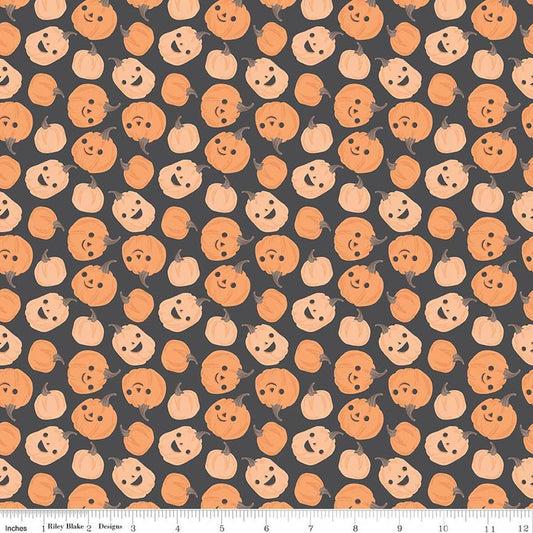 Image of Frank and Friends Pumpkins Charcoal quilting cotton fabric by My Mind's Eye for Riley Blake Designs. Features pumpkins on a black background. Cute Little Fabric Shop.
