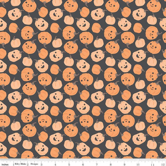 Image of Frank and Friends Pumpkins Charcoal quilting cotton fabric by My Mind's Eye for Riley Blake Designs. Features pumpkins on a black background. Cute Little Fabric Shop.