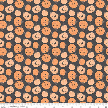 Image of Frank and Friends Pumpkins Charcoal quilting cotton fabric by My Mind's Eye for Riley Blake Designs. Features pumpkins on a black background. Cute Little Fabric Shop.