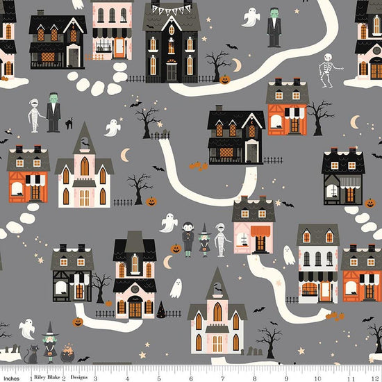 Image of Frank and Friends Houses Gray quilting cotton fabric by My Mind's Eye for Riley Blake Designs. Features houses on a gray background. Cute Little Fabric Shop.