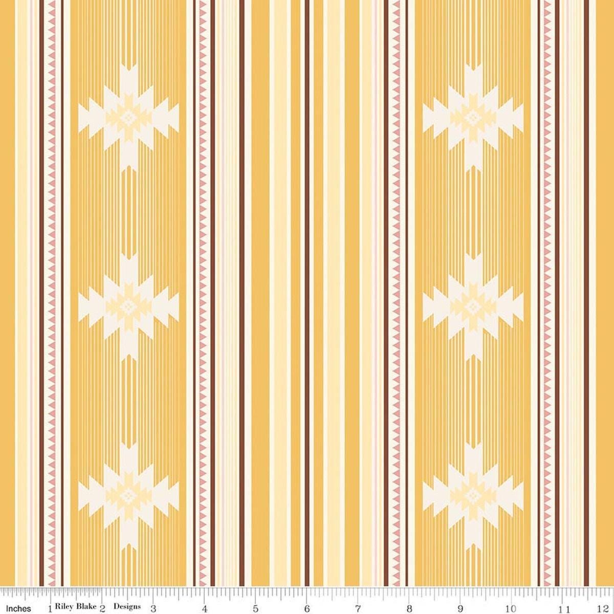 Image of Cowgirl Blanket Yellow quilting cotton fabric by Echo Park Paper Co. for Riley Blake Designs. Features stripes on a yellow background. Cute Little Fabric Shop.