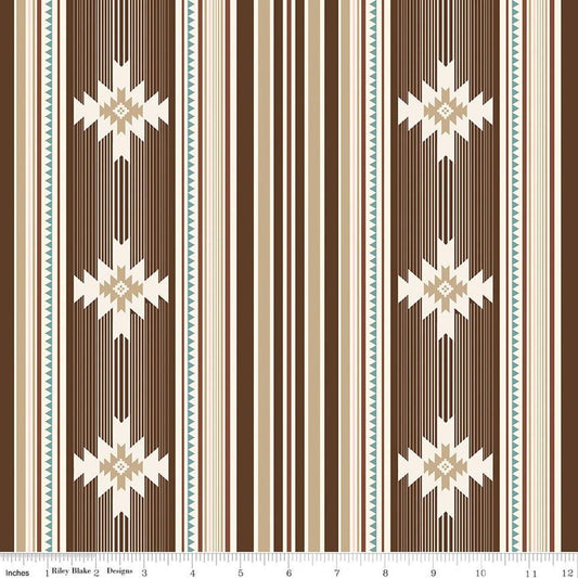 Image of Cowgirl Blanket Brown quilting cotton fabric by Echo Park Paper Co. for Riley Blake Designs. Features stripes on a brown background. Cute Little Fabric Shop.