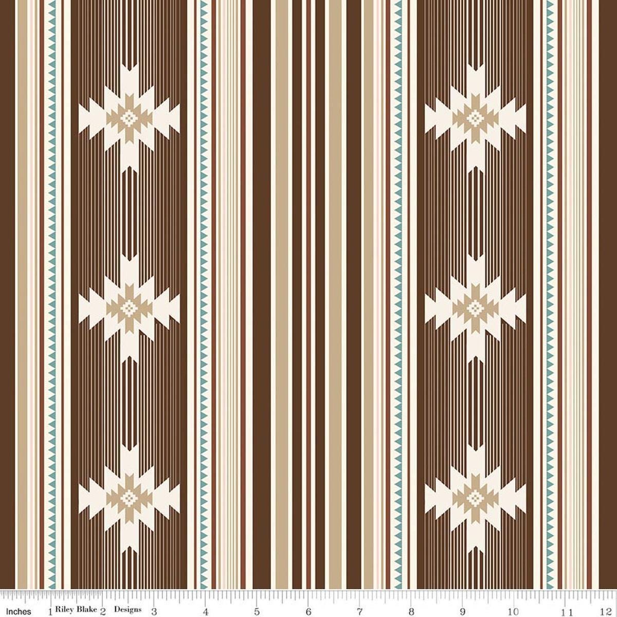 Image of Cowgirl Blanket Brown quilting cotton fabric by Echo Park Paper Co. for Riley Blake Designs. Features stripes on a brown background. Cute Little Fabric Shop.