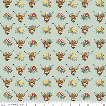 Image of Cowgirl Cows Misty quilting cotton fabric by Echo Park Paper Co. for Riley Blake Designs. Features cows on a blue background. Cute Little Fabric Shop.