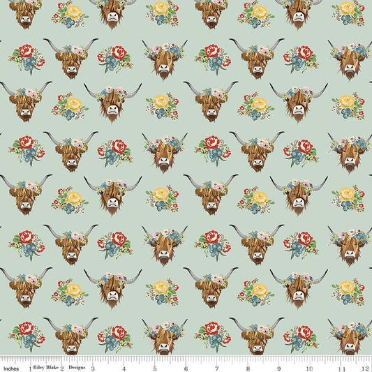 Image of Cowgirl Cows Misty quilting cotton fabric by Echo Park Paper Co. for Riley Blake Designs. Features cows on a blue background. Cute Little Fabric Shop.