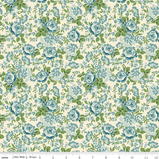 Image of Cowgirl Floral Blue quilting cotton fabric by Echo Park Paper Co. for Riley Blake Designs. Features flowers on a blue background. Cute Little Fabric Shop.