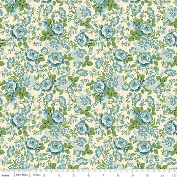 Image of Cowgirl Floral Blue quilting cotton fabric by Echo Park Paper Co. for Riley Blake Designs. Features flowers on a blue background. Cute Little Fabric Shop.