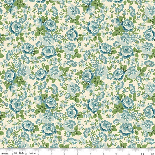 Image of Cowgirl Floral Blue quilting cotton fabric by Echo Park Paper Co. for Riley Blake Designs. Features flowers on a blue background. Cute Little Fabric Shop.