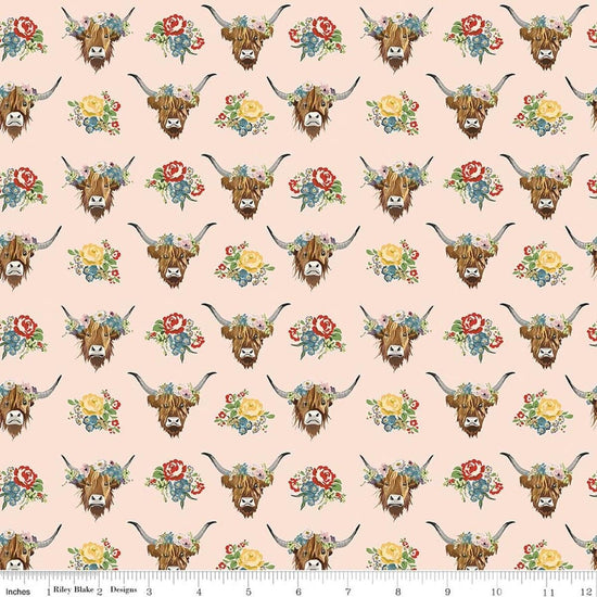 Image of Cowgirl Highland Cows Blush quilting cotton fabric by Echo Park Paper Co. for Riley Blake Designs. Features cows on a pink background. Cute Little Fabric Shop.