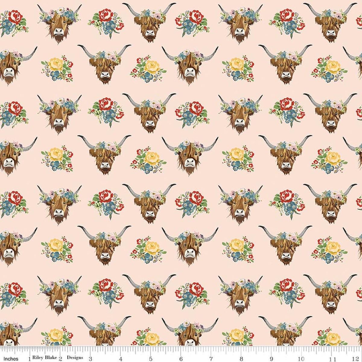 Image of Cowgirl Highland Cows Blush quilting cotton fabric by Echo Park Paper Co. for Riley Blake Designs. Features cows on a pink background. Cute Little Fabric Shop.