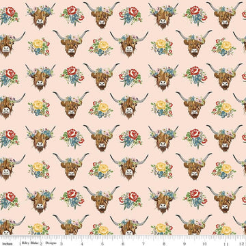 Image of Cowgirl Highland Cows Blush quilting cotton fabric by Echo Park Paper Co. for Riley Blake Designs. Features cows on a pink background. Cute Little Fabric Shop.