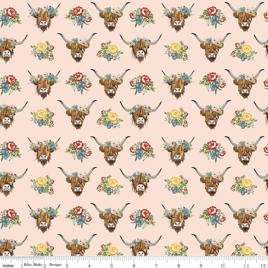 Image of Cowgirl Highland Cows Blush quilting cotton fabric by Echo Park Paper Co. for Riley Blake Designs. Features cows on a pink background. Cute Little Fabric Shop.