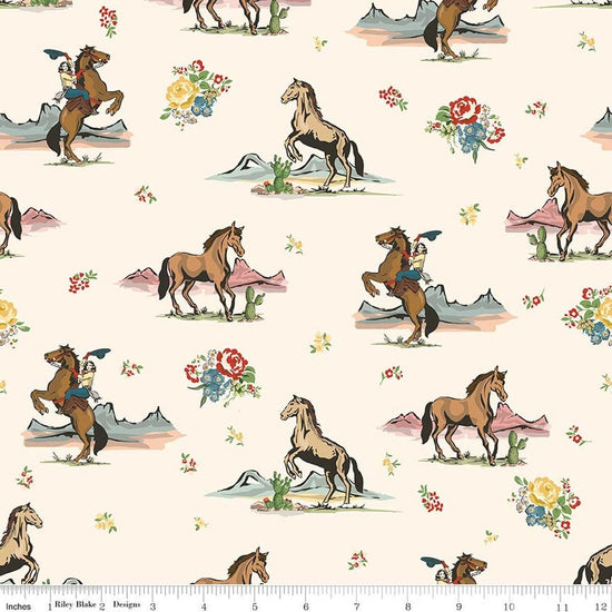 Image of Cowgirl Main Cream quilting cotton fabric by Echo Park Paper Co. for Riley Blake Designs. Features horses on a cream background. Cute Little Fabric Shop.