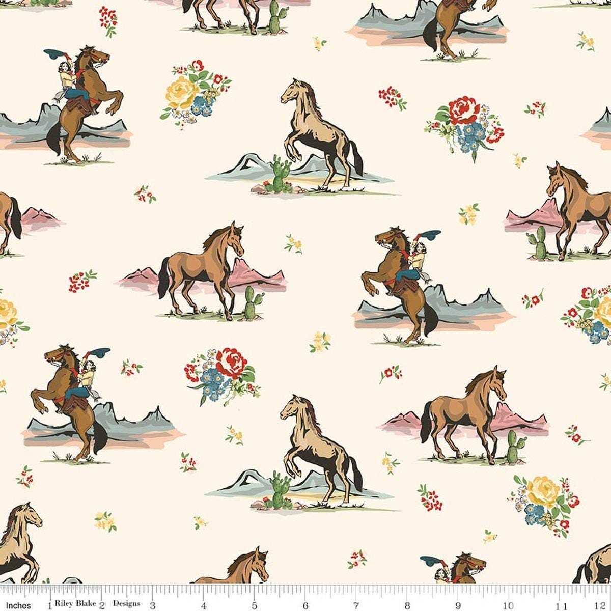 Image of Cowgirl Main Cream quilting cotton fabric by Echo Park Paper Co. for Riley Blake Designs. Features horses on a cream background. Cute Little Fabric Shop.
