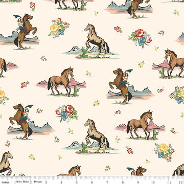 Image of Cowgirl Main Cream quilting cotton fabric by Echo Park Paper Co. for Riley Blake Designs. Features horses on a cream background. Cute Little Fabric Shop.