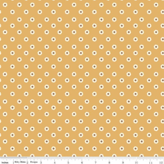 Image of Cowgirl Flower Dots Yellow quilting cotton fabric by Echo Park Paper Co. for Riley Blake Designs. Features flowers on a yellow background. Cute Little Fabric Shop.