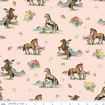Image of Cowgirl Main Blush quilting cotton fabric by Echo Park Paper Co. for Riley Blake Designs. Features horses on a pink background. Cute Little Fabric Shop.