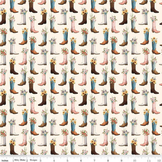 Image of Cowgirl Boots Cream quilting cotton fabric by Echo Park Paper Co. for Riley Blake Designs. Features cowboy boots on a cream background. Cute Little Fabric Shop.