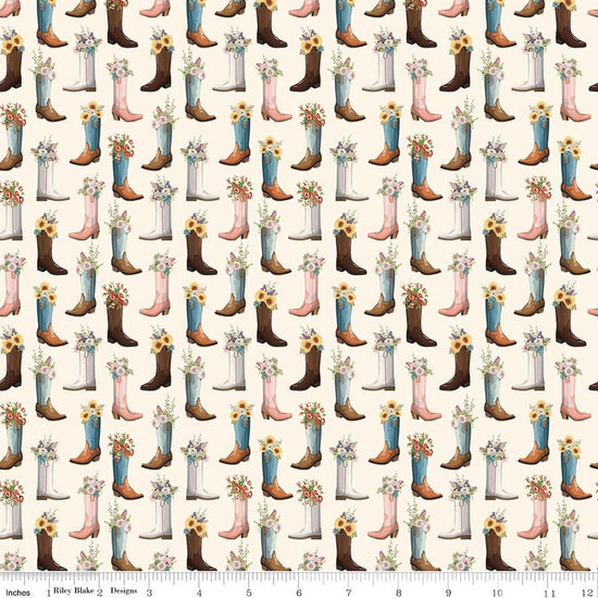 Image of Cowgirl Boots Cream quilting cotton fabric by Echo Park Paper Co. for Riley Blake Designs. Features cowboy boots on a cream background. Cute Little Fabric Shop.