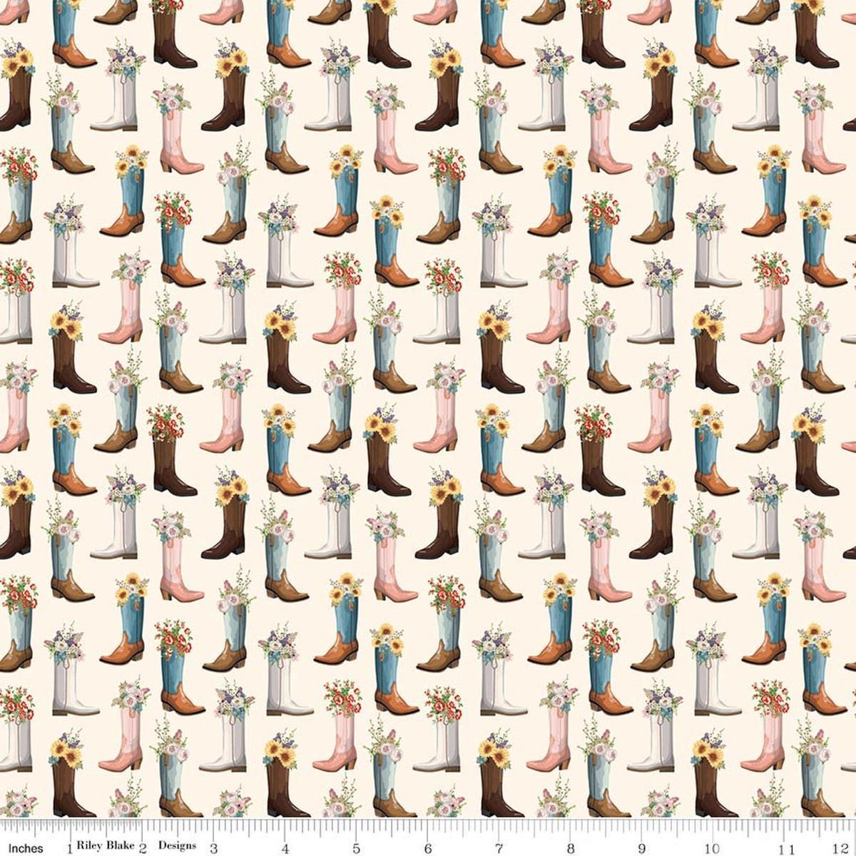 Image of Cowgirl Boots Cream quilting cotton fabric by Echo Park Paper Co. for Riley Blake Designs. Features cowboy boots on a cream background. Cute Little Fabric Shop.