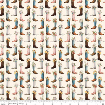 Image of Cowgirl Boots Cream quilting cotton fabric by Echo Park Paper Co. for Riley Blake Designs. Features cowboy boots on a cream background. Cute Little Fabric Shop.