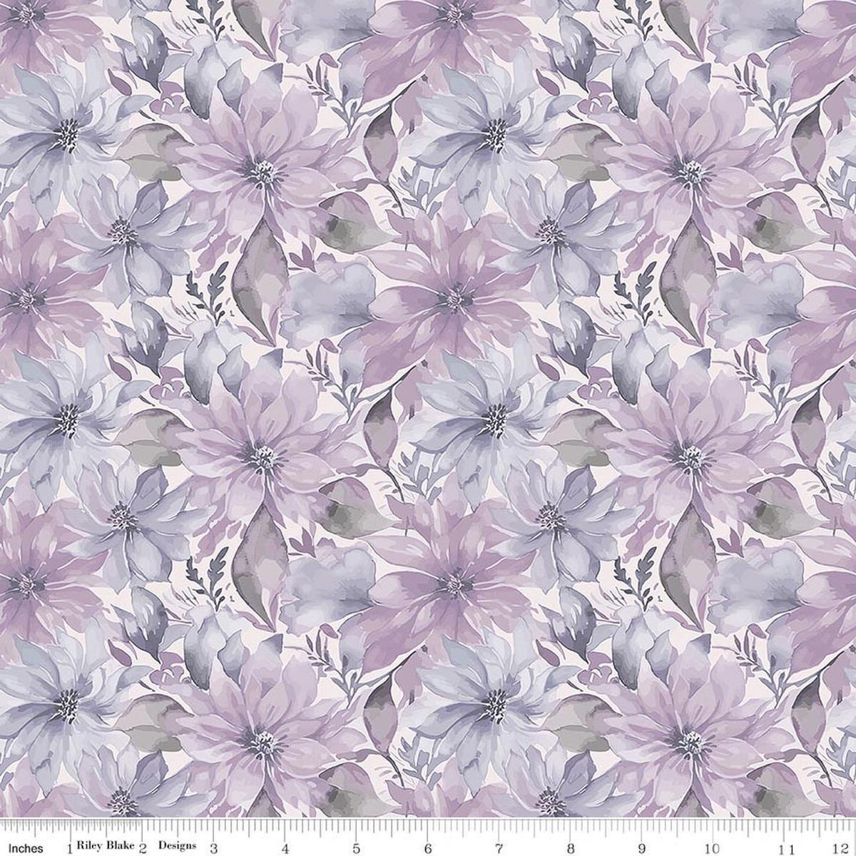 Image of Daybreak on the Prairie Floral Purple quilting cotton fabric by Modern Prairie for Riley Blake Designs. Features flowers on a purple background. Cute Little Fabric Shop.