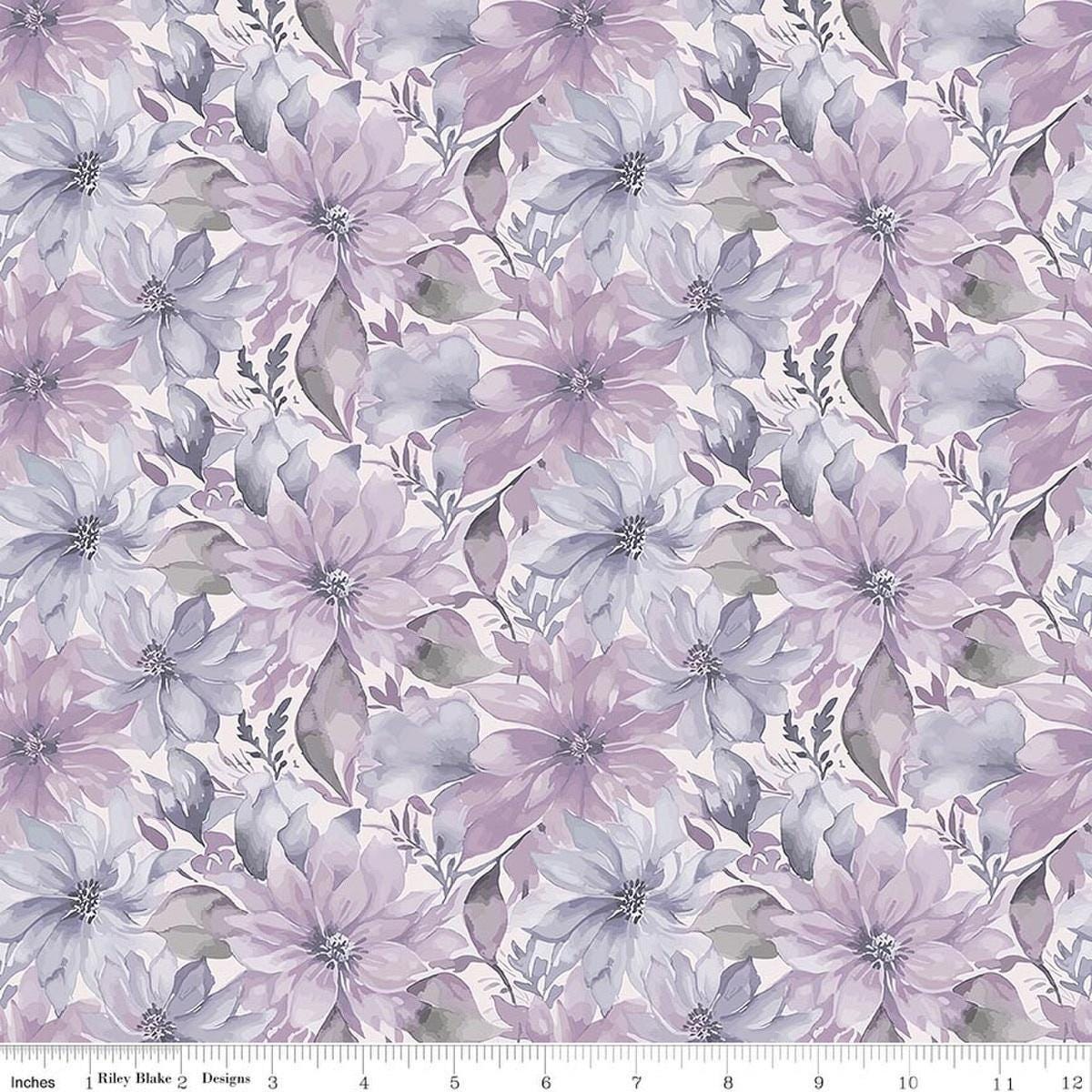 Image of Daybreak on the Prairie Floral Purple quilting cotton fabric by Modern Prairie for Riley Blake Designs. Features flowers on a purple background. Cute Little Fabric Shop.