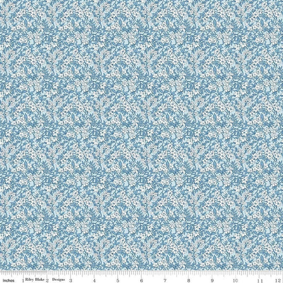 Image of Daybreak on the Prairie Spring Floral Blue quilting cotton fabric by Modern Prairie for Riley Blake Designs. Features flowers on a blue background. Cute Little Fabric Shop.