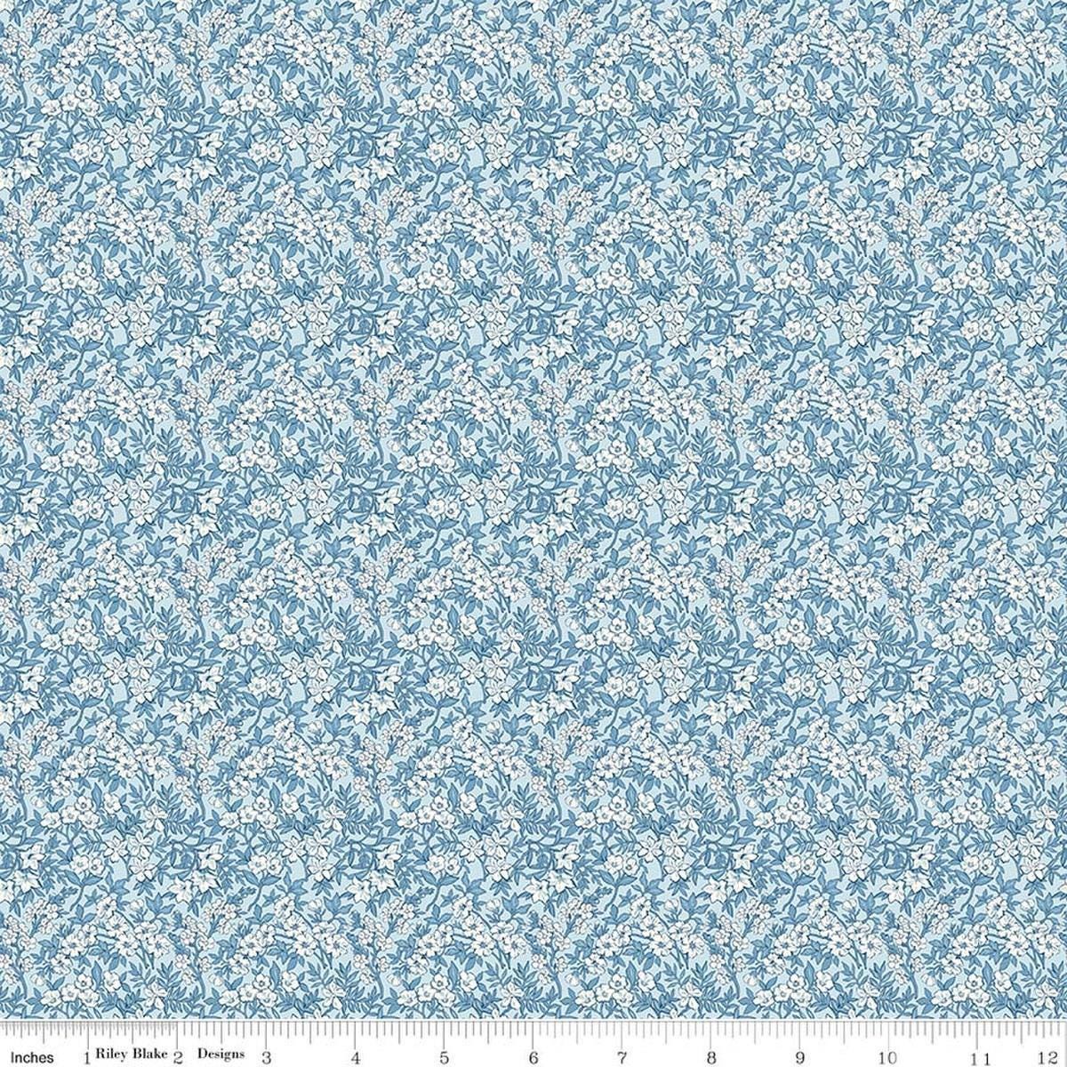 Image of Daybreak on the Prairie Spring Floral Blue quilting cotton fabric by Modern Prairie for Riley Blake Designs. Features flowers on a blue background. Cute Little Fabric Shop.