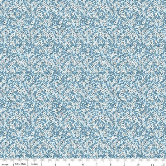 Image of Daybreak on the Prairie Spring Floral Blue quilting cotton fabric by Modern Prairie for Riley Blake Designs. Features flowers on a blue background. Cute Little Fabric Shop.