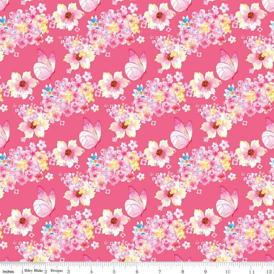 Image of Painted Petals Butterfly Floral Pink quilting cotton fabric by Lila Tueller for Riley Blake Designs. Features flowers on a pink background. Cute Little Fabric Shop.