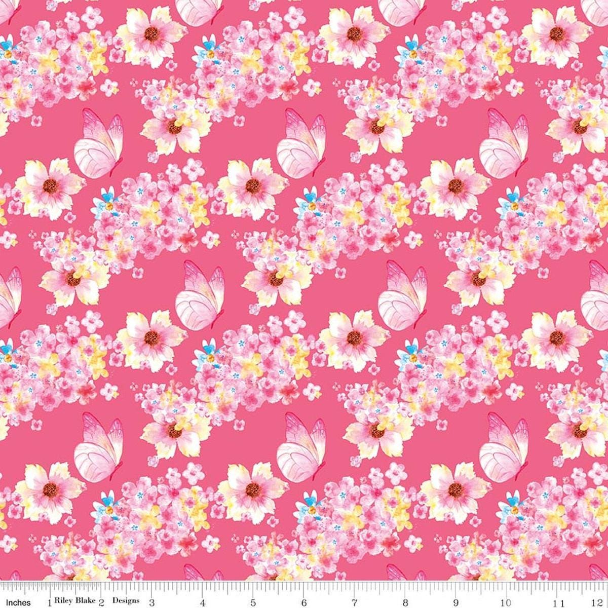 Image of Painted Petals Butterfly Floral Pink quilting cotton fabric by Lila Tueller for Riley Blake Designs. Features flowers on a pink background. Cute Little Fabric Shop.