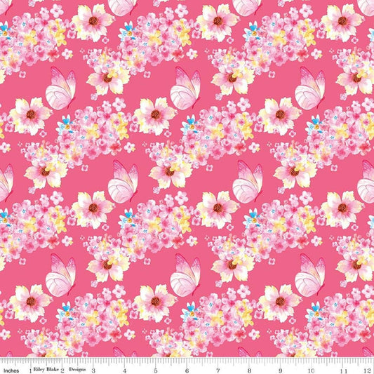 Image of Painted Petals Butterfly Floral Pink quilting cotton fabric by Lila Tueller for Riley Blake Designs. Features flowers on a pink background. Cute Little Fabric Shop.