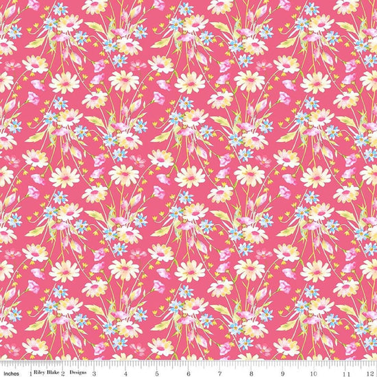 Image of Painted Petals Bouquets Pink quilting cotton fabric by Lila Tueller for Riley Blake Designs. Features flowers on a pink background. Cute Little Fabric Shop.