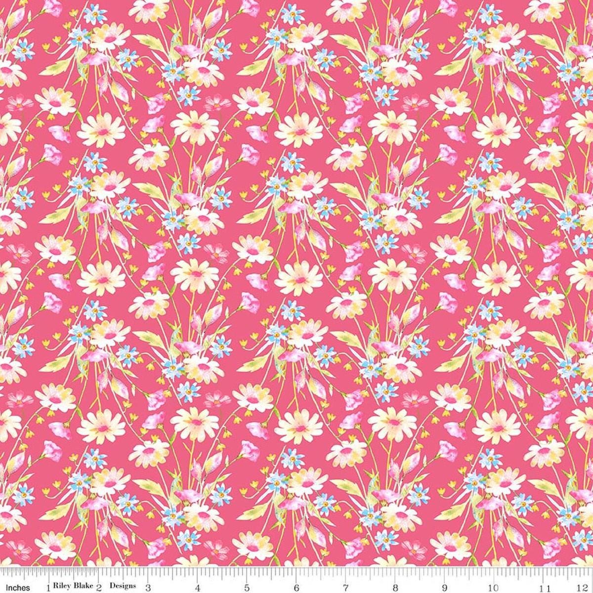 Image of Painted Petals Bouquets Pink quilting cotton fabric by Lila Tueller for Riley Blake Designs. Features flowers on a pink background. Cute Little Fabric Shop.