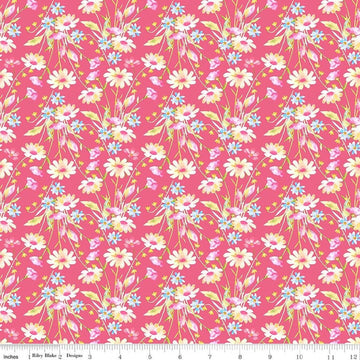 Image of Painted Petals Bouquets Pink quilting cotton fabric by Lila Tueller for Riley Blake Designs. Features flowers on a pink background. Cute Little Fabric Shop.