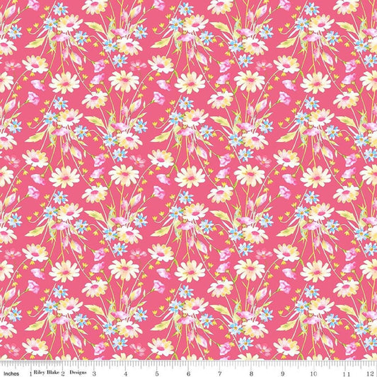 Image of Painted Petals Bouquets Pink quilting cotton fabric by Lila Tueller for Riley Blake Designs. Features flowers on a pink background. Cute Little Fabric Shop.