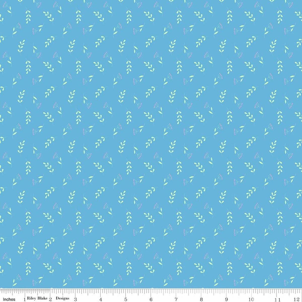 Image of Painted Petals Tossed Stems Blue quilting cotton fabric by Lila Tueller for Riley Blake Designs. Features leaves on a blue background. Cute Little Fabric Shop.